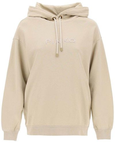 Pinko Skype Hoodie With Logo Embroidery - Natural