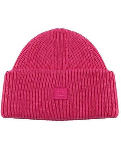 Acne Studios Logo Detailed Ribbed Beanie - Red