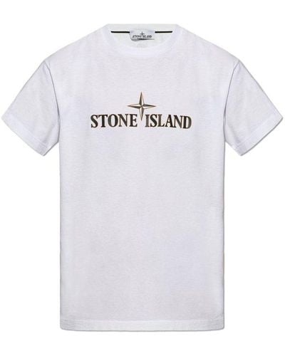Stone Island Logo Printed Crewneck T-shirt - White