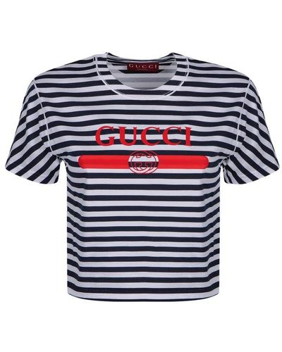 Gucci Logo Printed Striped T-shirt - Blue