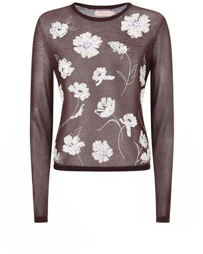 Tory Burch Floral Embroidered Knit Top - Brown