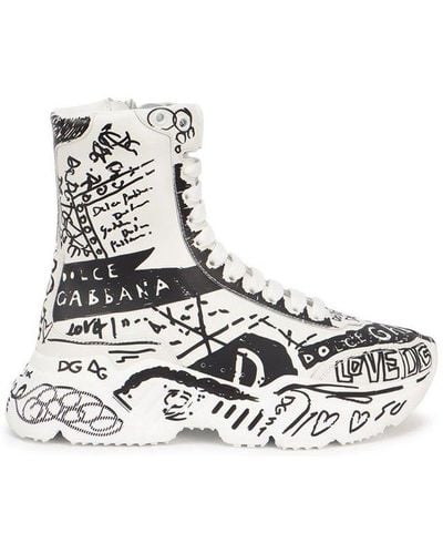 Dolce & Gabbana Graffiti Printed High-top Sneakers - White
