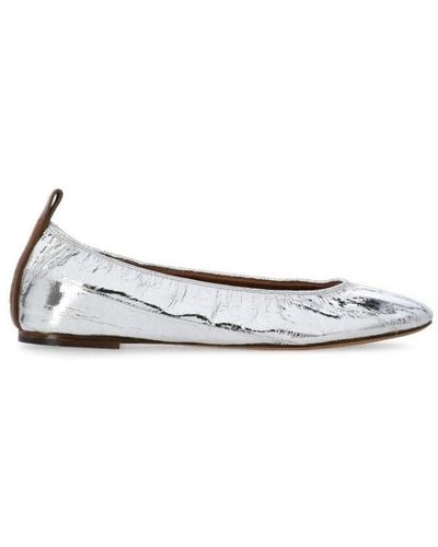 Lanvin Round Toe Metallic Slip-on Ballet Shoes - White