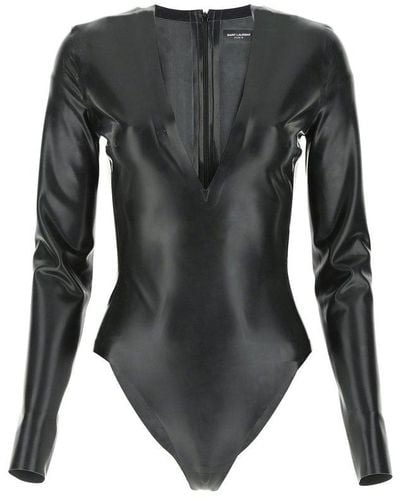 Saint Laurent Plunge Neck Long-sleeve Bodysuit - Black