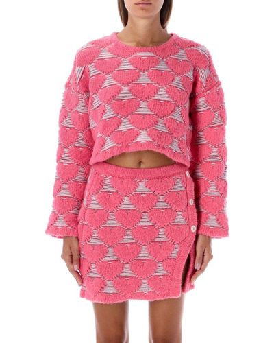 Marco Rambaldi Heart Intarsia Knit Drop Shoulder Sweater - Pink