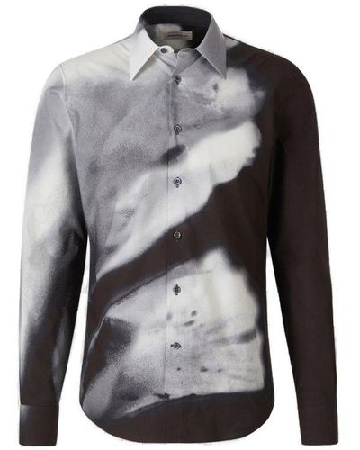 Alexander McQueen Watercolor Logo Print Shirt In Black/white - Grey