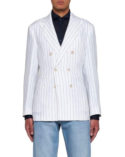 Brunello Cucinelli Double Breasted Striped Tailored Blazer - White