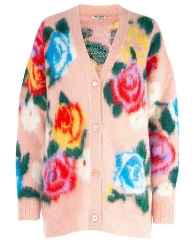 Miu Miu Floral Printed Oversized Knitted Cardigan - Red