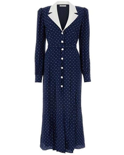 Alessandra Rich Polka Dot Printed Belted Midi Dress - Blue