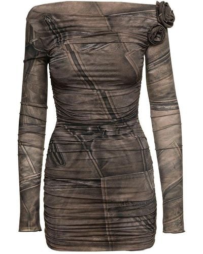 Blumarine Mini Dark Beige Dress With All-over Denim Print In Stretch Fabric Woman - Grey