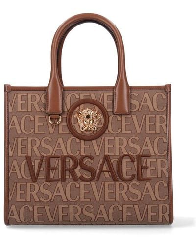 Versace All-over Logo Jacquard Small Tote Bag - Brown