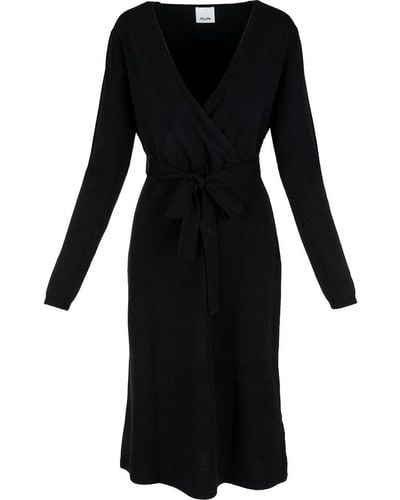 Allude Long Sleeved V-neck Knit Dress - Black