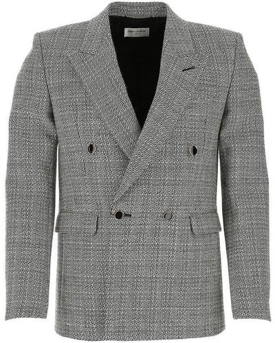 Saint Laurent Double Breasted Check Blazer - Grey