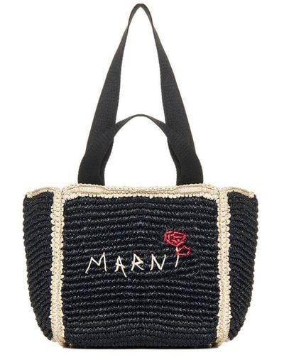 Marni Logo Embroidered Woven Top Handle Tote Bag - Black