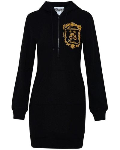 Moschino Logo Embroidered Drawstring Hoodie Dress - Black
