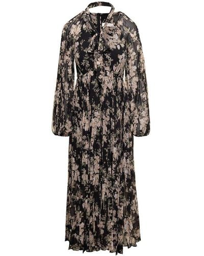 Zimmermann Black Floral-printed Pleated Sunray Midi Dress In Chiffon Woman