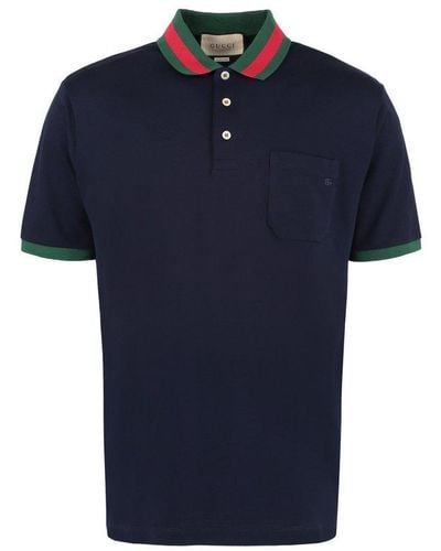 Gucci Striped-collar Regular-fit Stretch-cotton Piqué Polo Shirt X - Blue