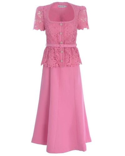 Self-Portrait Belted Tailored Midi Lace Dress - Pink
