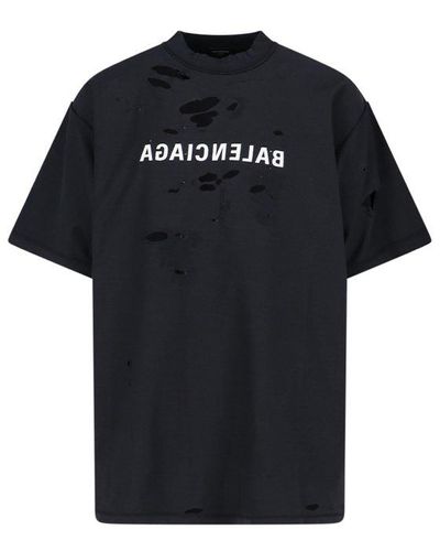 Balenciaga Logo Printed Distressed T-shirt - Black