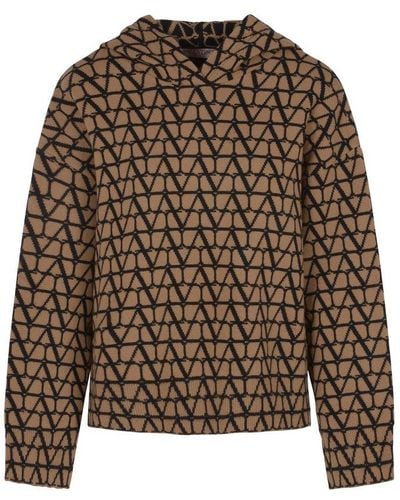 Valentino All-over Logo Patterned Long-sleeved Hoodie - Brown