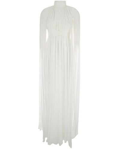 Alberta Ferretti Mock Neck Semi-sheer Maxi Dress - White