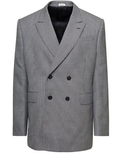 Alexander McQueen Grey Double-breasted Jacket With Houndstooth Pattern In Wool