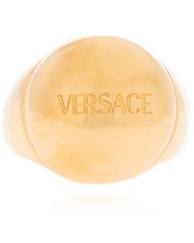 Versace Signet Ring With Logo, - Metallic