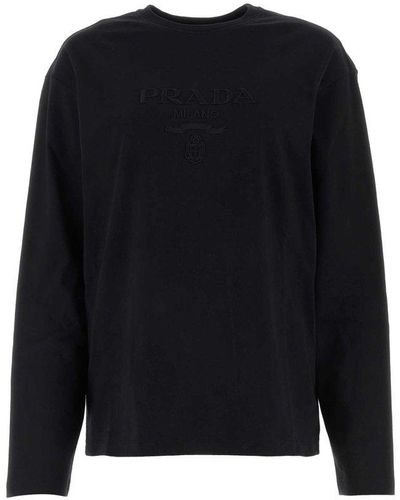 Prada Logo Embroidered Crewneck Sweatshirt - Black