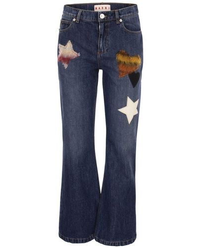 Marni Denim Flare Pants With Knitted Appliqués - Blue