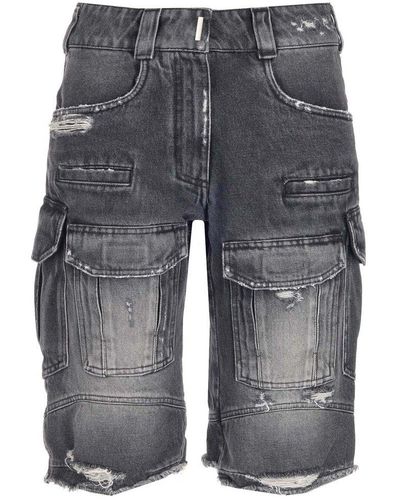 Givenchy Destroyed Denim Cargo Shorts - Gray