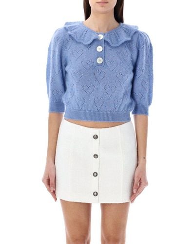 Alessandra Rich Embellished Short Puff Sleeved Knitted Top - Blue