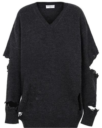 Balenciaga Destroyed V-neck Top Sweater - Black