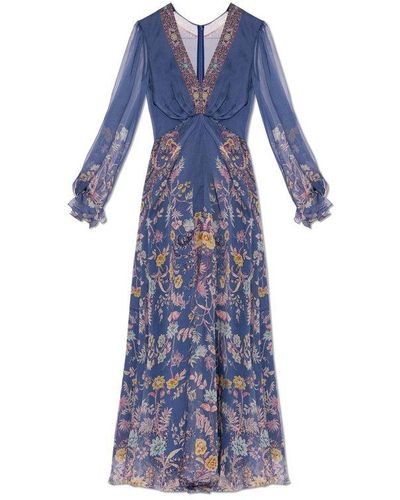 Etro Floral Printed Long Sleeved V-neck Dress - Blue