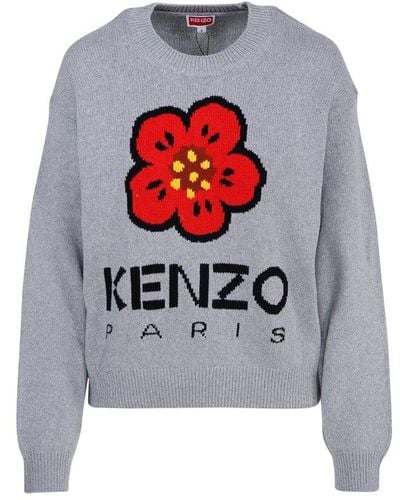 KENZO Boke Flower Logo Intarsia Crewneck Jumper - Grey