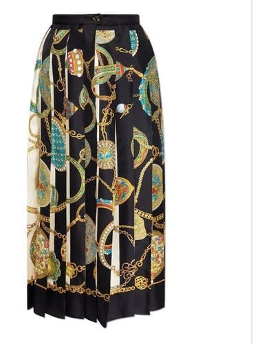 Gucci Pleated Printed Silk-twill Midi Skirt - Black