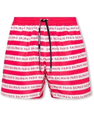 Balmain Logo Striped Swim Shorts - Red