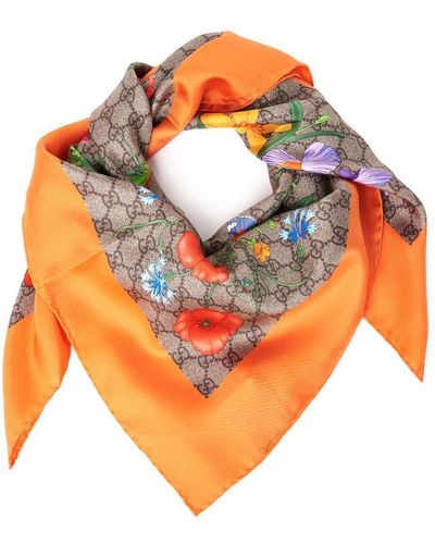Gucci GG Flora Printed Silk Scarf - Orange