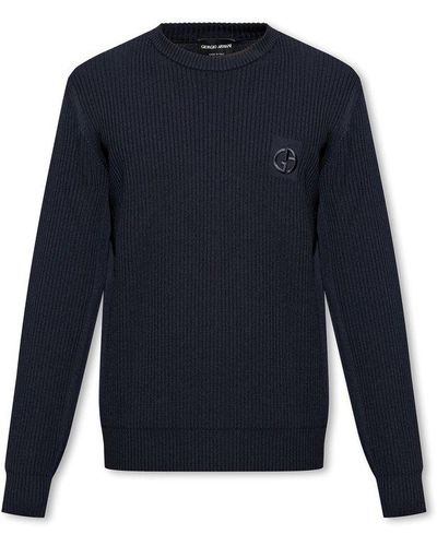 Giorgio Armani Logo Embroidered Crewneck Sweater - Blue