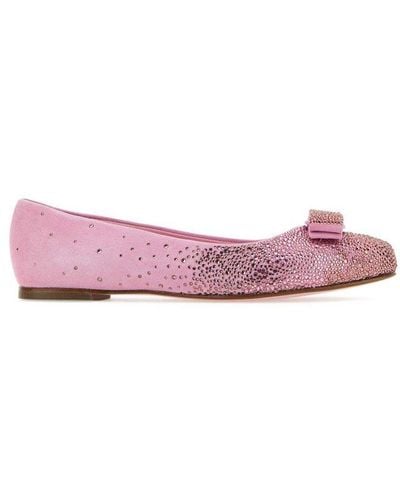 Ferragamo Embellished Vara Bow Flat Shoes - Pink