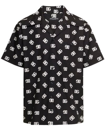 Dolce & Gabbana Hawaiian Shirt With All-over Dg Monogram In Cotton Man Dolce & Gabbana - Black