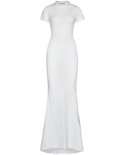 Balenciaga Logo Embroidered Maxi T-shirt Dress - White