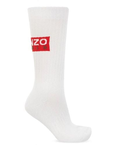 KENZO Logo Printed Chunky Ribbed Knit Socks - White