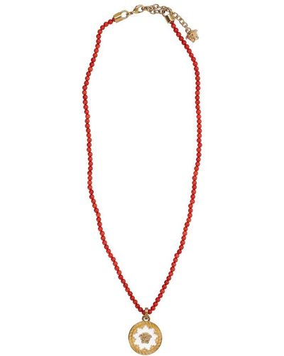 Versace Medusa Plate Beaded Necklace - Red