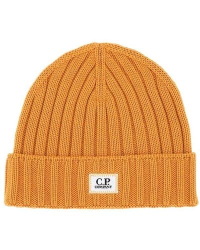 C.P. Company Logo Patch Rib Knit Beanie - Orange
