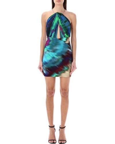 Alexandre Vauthier Graphic Printed Ring-neck Ruched Mini Dress - Blue