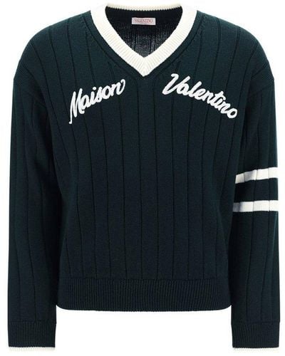 Valentino V-neck Long-sleeved Sweater - Green