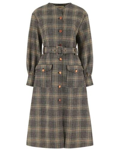 Gucci Prince Of Wales Check Belted Mid-length Coat - Grey