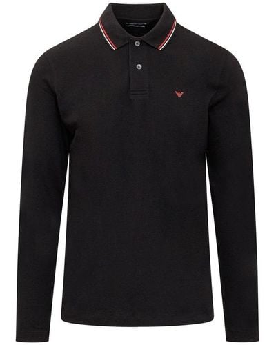 Emporio Armani Micro Eagle Embroidered Long-sleeved Stretch Pique Polo Shirt - Black
