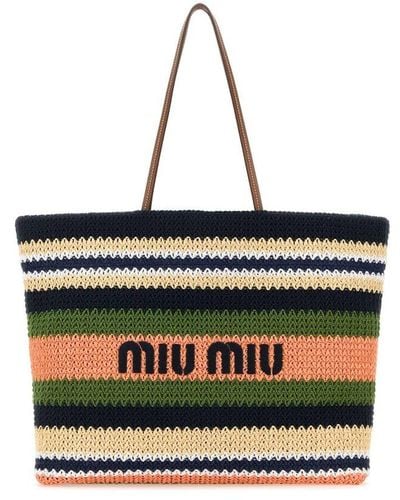 Miu Miu Striped Woven Top Handle Bag - Black