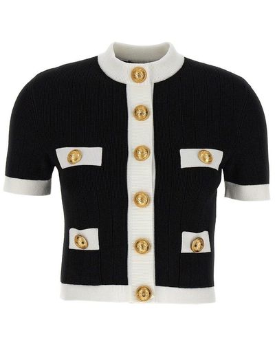 Balmain Logo Buttons Short Sleeves Cardigan Jumper - Black